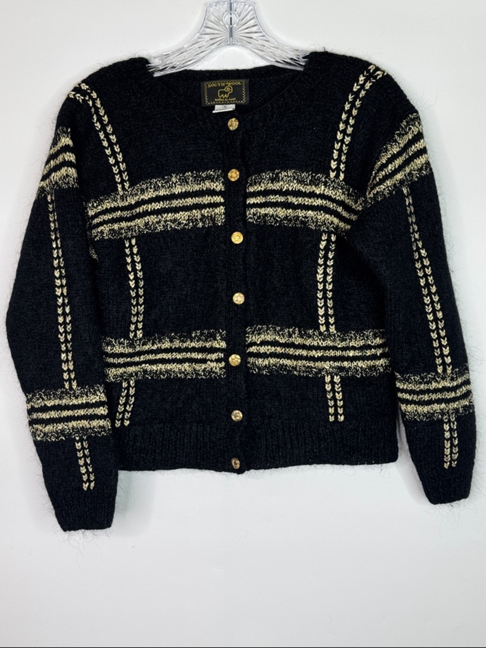Vintage South Wool Mohair Blend Black Gold Button Sweater Size Small